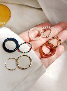 4Pcs Summer Bohemia Crystal Bead Rings Set for Women Fresh C