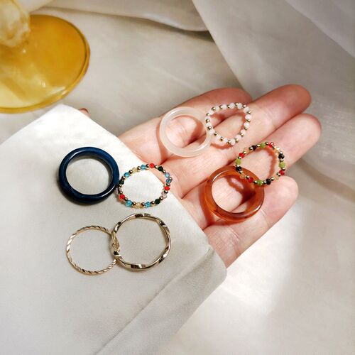 4Pcs Summer Bohemia Crystal Bead Rings Set for Women Fresh C
