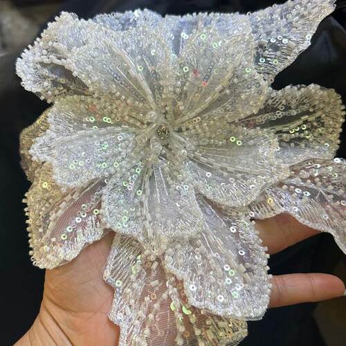 White Multi-layer Lace Sequin Studded 3D Flower Patch DIY Cl