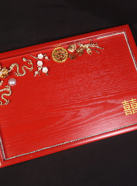 红色木制托盘 新娘结婚礼金托盘 敬茶杯托盘