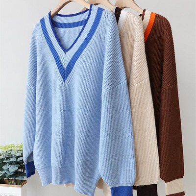 Winter Autumn Womens Sweater Striped Brown Knitted Sweater