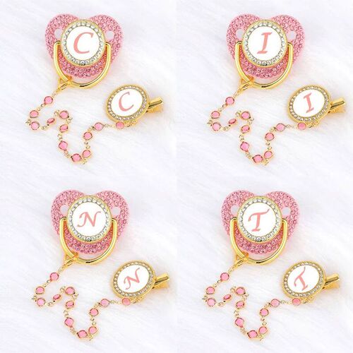 Pink Zircon Luxury Baby Pacifier Clip 26 Letters Newborn Per