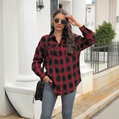 Womens Long Sleeve Plaid Button Shirt Qi lor Qi Size Top Ja