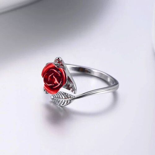Red Rose Flower Leaves Opening Ring For Women Rhinestone Flo