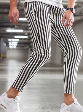 Mens small leg pants striped pants autumn and winter black
