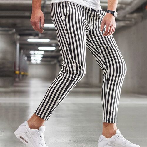 Mens small leg pants striped pants autumn and winter black