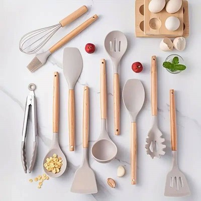12pcs Set of Multi-color Silicone Wooden Handle Kitchenware