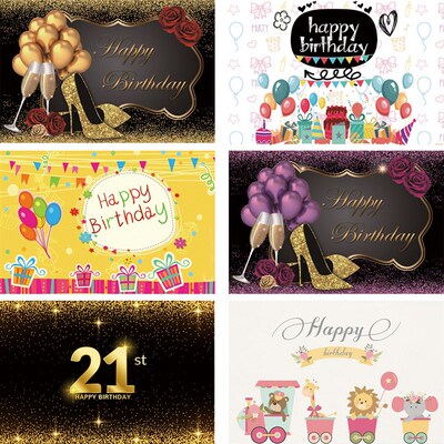 Happy Birthday Backdrop Banner Large Black Gold Balloon Star