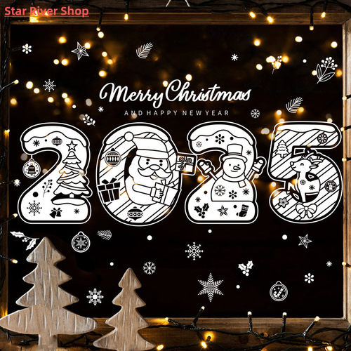 2025 Merry Christmas Window Stickers Santa Claus Snowman Elk