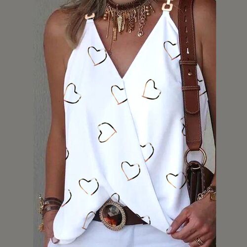 Womens Summer Simple V-neck Metal Buckle Printed Tank Top 2