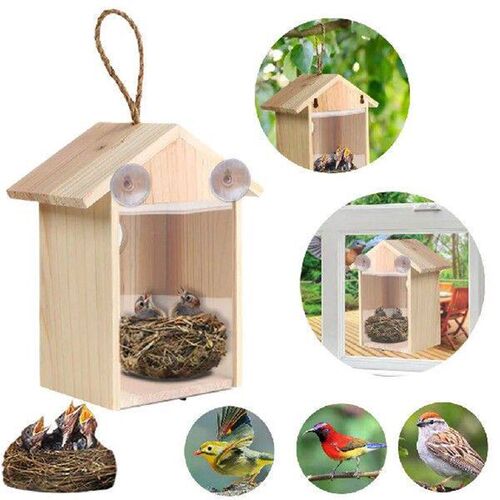 1PC Wood Bird Nests Garden Outdoor Suction Cup Visible Bird
