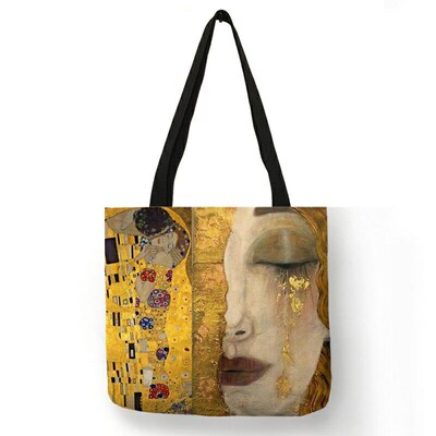 Customized Oil Painting Tears Linen Cloth Tote Bags For Wome