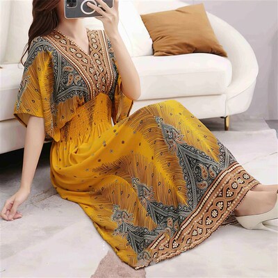 Casual Elegant Retro Style V-neck Tunic Large Swing Printed