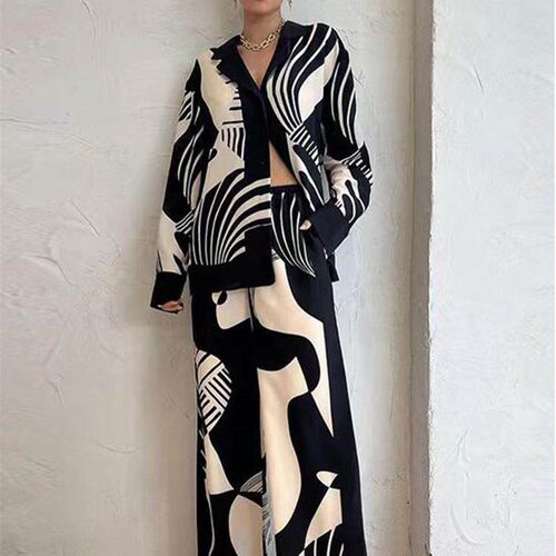 Women Digital Print 2 Piece Set Chic Lapel Long Sleeved Top