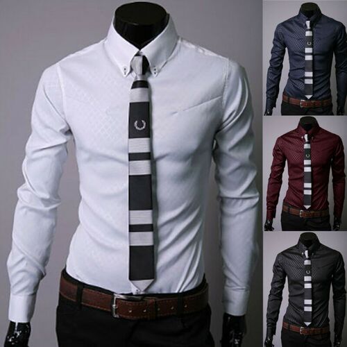 Mens Luxury Casual Formal Shirt Long Sleeve Slim Fit Busine