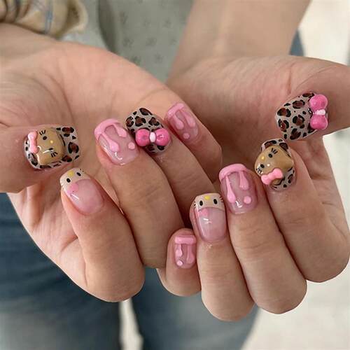 24pcs Brown Leopard Print Press On Nails Cute Stereo Flower