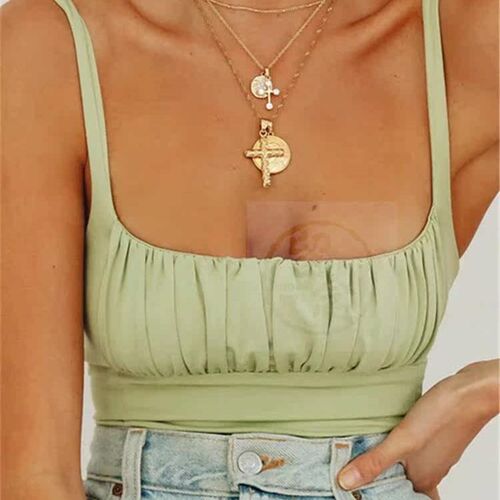。Elastic pleated square neck vest spring and summer short s