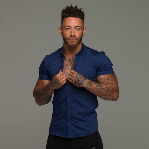 Summer Fashion Short Sleeve Shirt Men Solid Super Slim Fit M