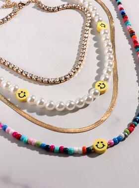 Bohemia Multilayer Smiley Pearl Rainbow Beaded Choker Neckla