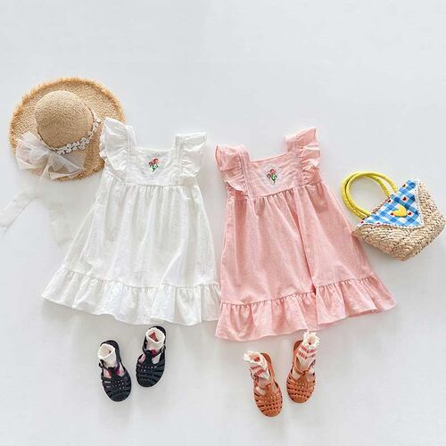 French Rose Embroidered Girls Dress Summer New Square Colla