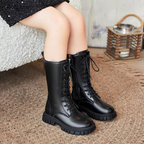 Girls Shoes Children Boots Fashion Black Knight Boots Zipper