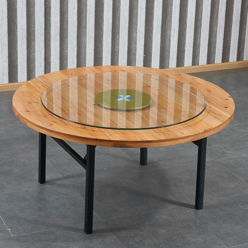 饭店圆桌面折叠家用实木圆桌酒店餐桌椅酒席杉木大圆桌面玻璃转盘