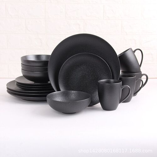 ceramic black plates bowl dinnerware Set of 4 set of 16件套