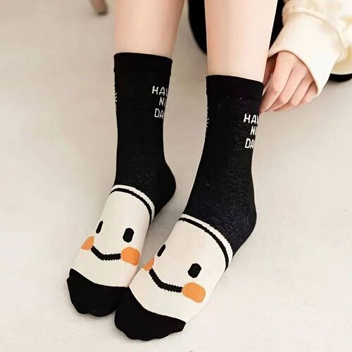 5 Pairs Happy Face Crew Socks , Cartoon Cat Breathable Cotto