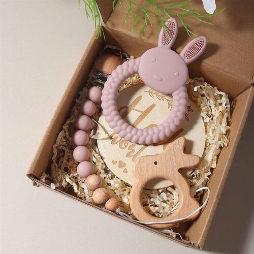 New born baby gift set silicone bunny teether wooden bunny r
