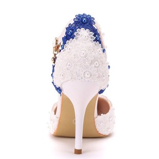Crystal Queen Women Sandals High Heels White Blue Lace Weddi