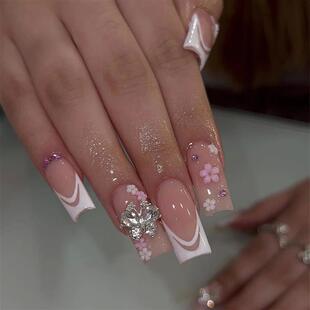 French Love Bow Decor Fake Nails Mid-length Coffin Ballet Pr
