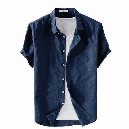 Mens Summer Cotton Linen Short-sleeved Shirt Lapel Casual Y