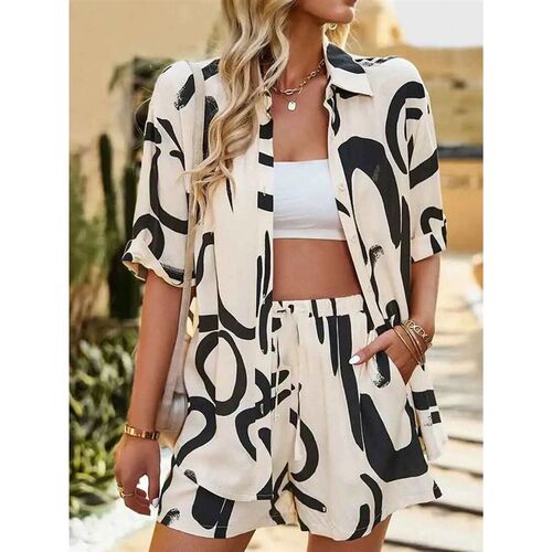 Casual Beach Holiday Loose Shirt Short Sets Bohemian Geometr