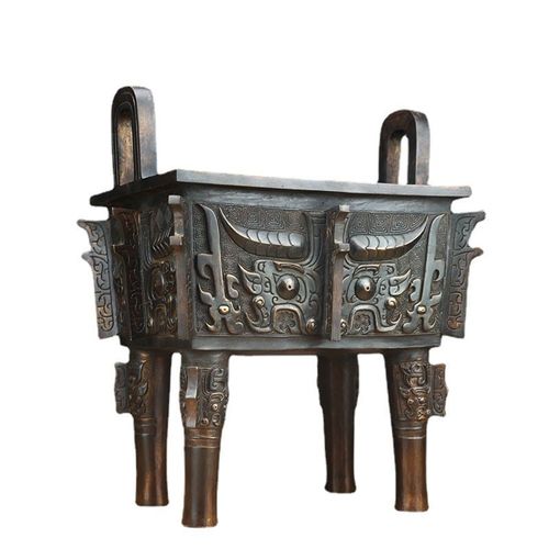 铜鼎摆件古青铜器洛阳鼎兽面纹方鼎摆件复古家居装饰办公室送礼