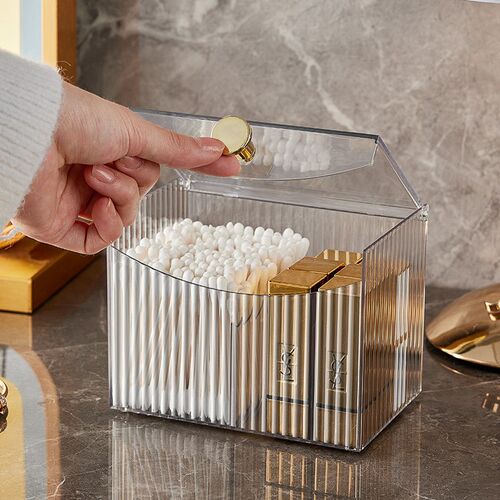 Cosmetics storage box with lid and compartments, transparent