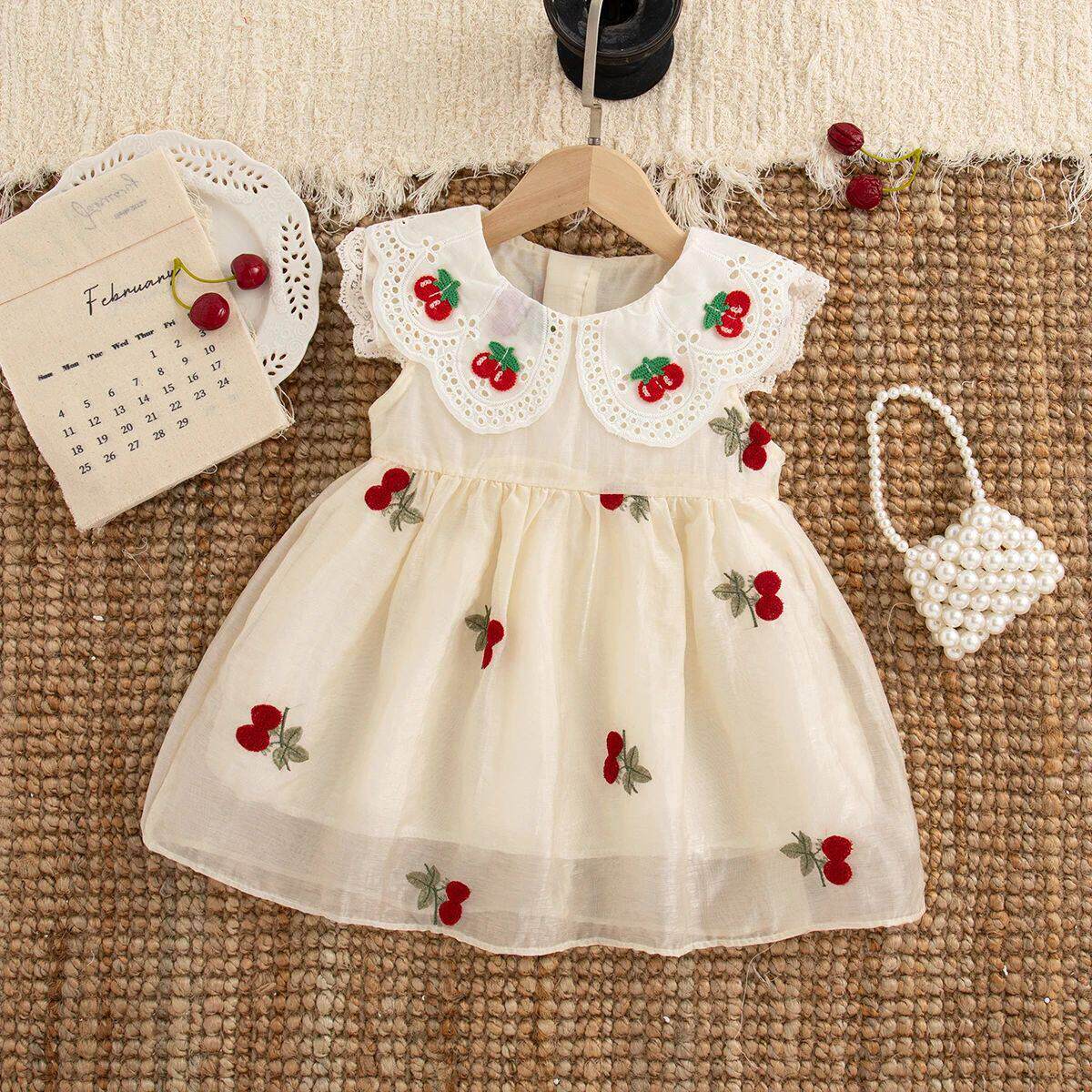 Summer  Red Cherry Baby Girl Princess Dress, Korean Style Ch