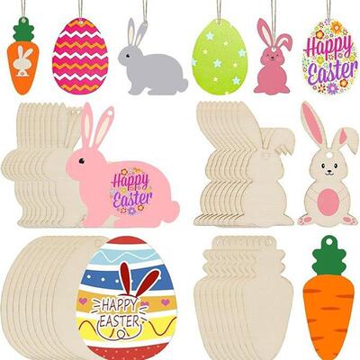 Easter Woodchip Painting Set Wooden Rabbit Egg Carrot Tag Pa