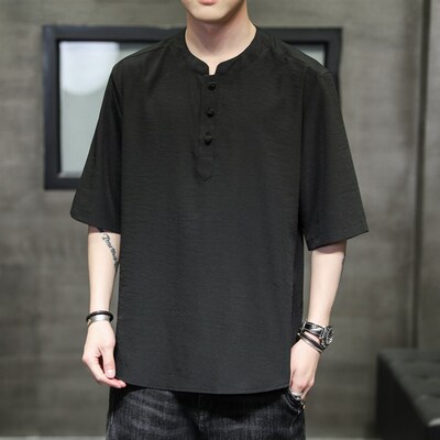 Summer Mens Solidcolor Icy Hemp Casual Hanfu Chinese Style O