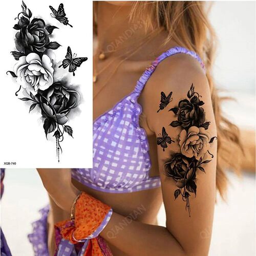Black Flower Waterproof Temporary Tattoo er Beauty Butterfly