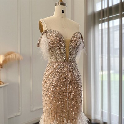 Sharon Said Luxury Feathers White Nude Prom Evening Dresses