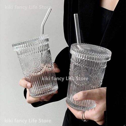 380ML Milk Cup Flower EmbossTransparent Glass Cup With Lid a