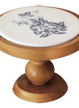 复古森林圆形木质小高脚托盘法式陶瓷甜品盘下午茶香薰蜡烛饰品盘