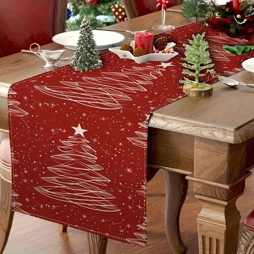 1pc Christmas Tree Pattern Table Runner in Red, Perfect Fest