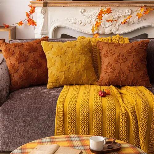 Decorative Pillow Case Embroidery Maple Leaves Pumpkin Patte