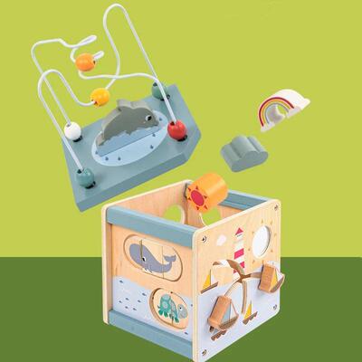 Wooden Activity Cube for Toddlers 5in1 Animal Shape Sorter B