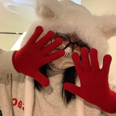 Solid colored knitted gloves for womens winter windproof