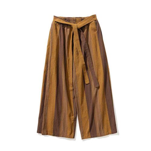 Autumn Large Size Cotton Linen Striped Straight Leg Wide Leg