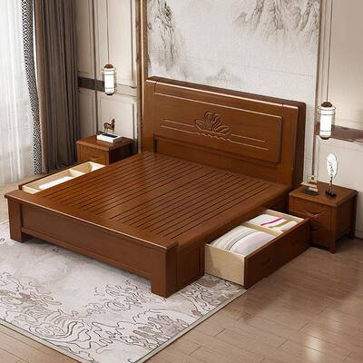 中式大胡桃加色厚实木床现代储简LH-8805约1.8M主卧2米x2米2床双