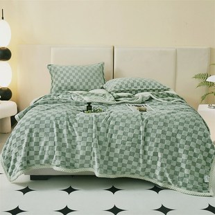 复古棋盘格兔毛绒毯加厚冬季办公室午睡毯沙发盖毯珊瑚绒空调毯子