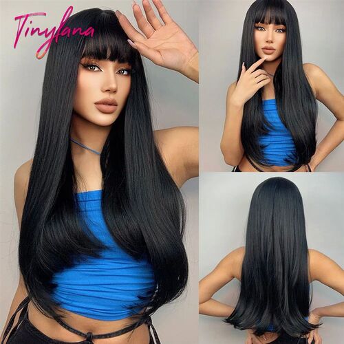 Long Straight Synthetic Wig with Bangs Dark Black Gray Hair